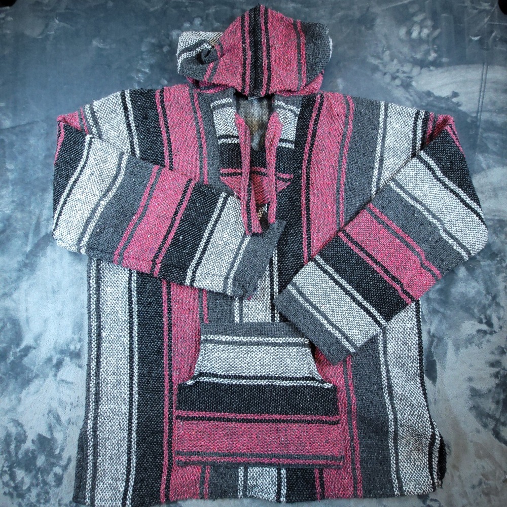 Artesanias‎ FR Inc Mens XL Baja Hoodie Mexican Jerga Pink Grey Striped Pullover